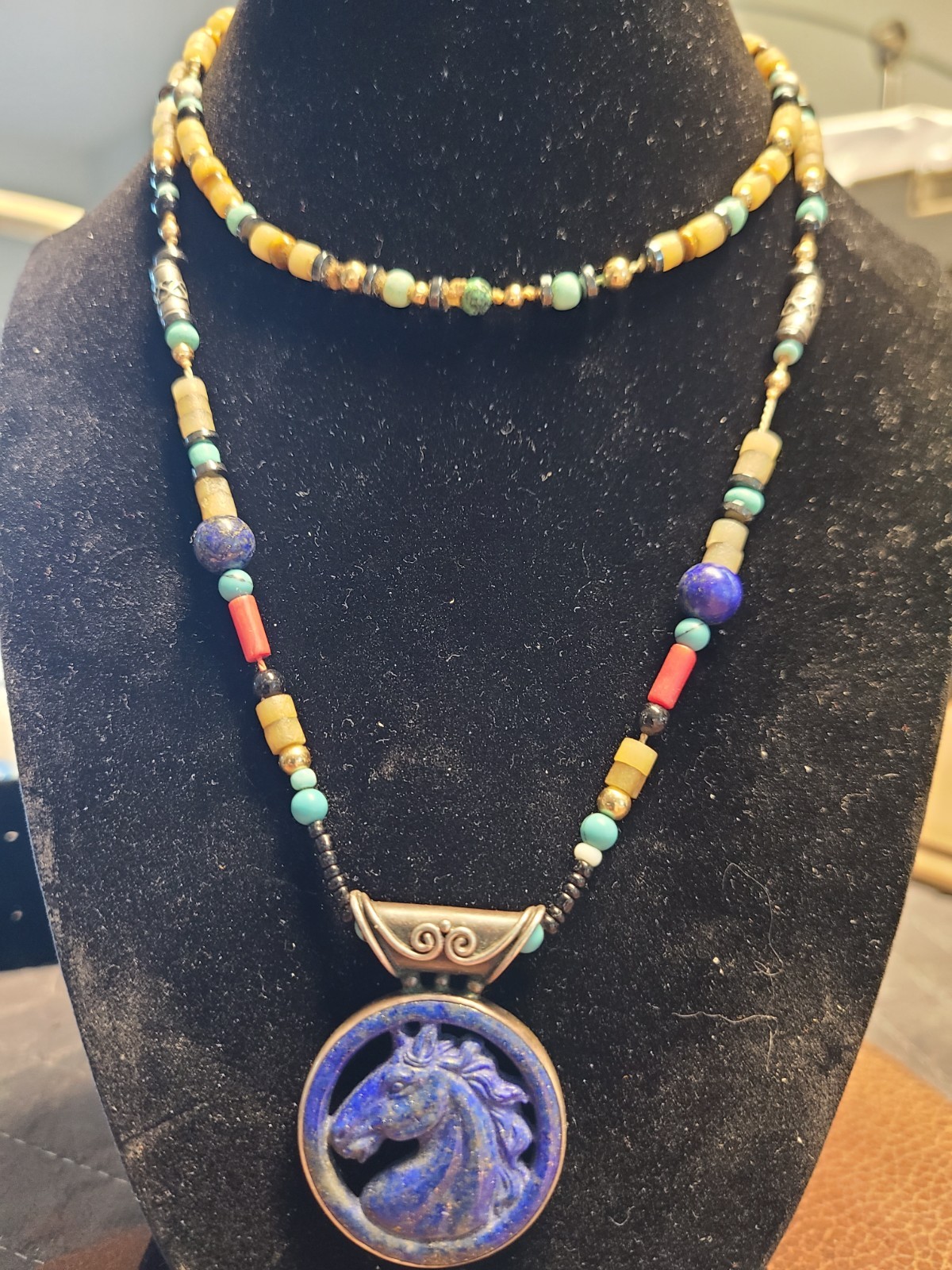 Vintage Sajen 14K Sterling Lapis Lazuli Turquoise Coral Horse Pendant Necklace