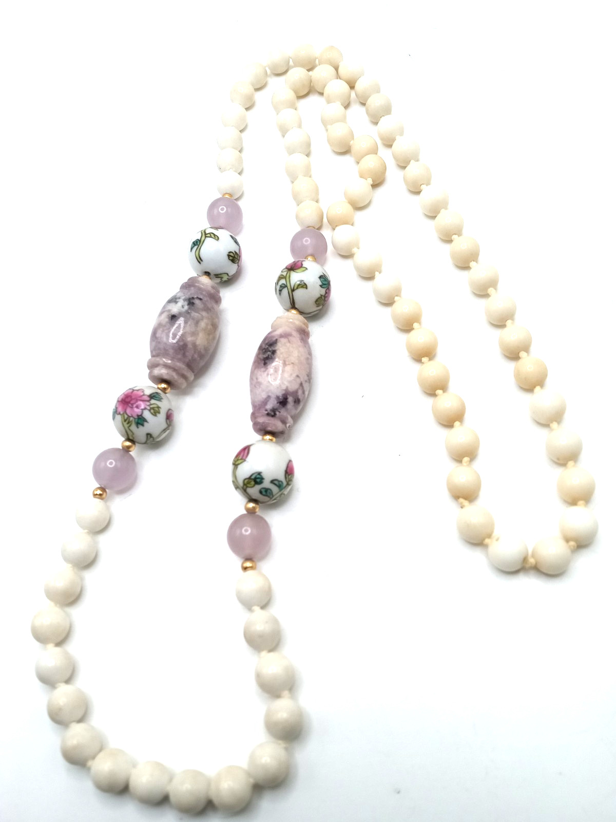 Vintage Porcelain Hand Painted Beads 32 In Necklace w Amethyst and Stone Beads