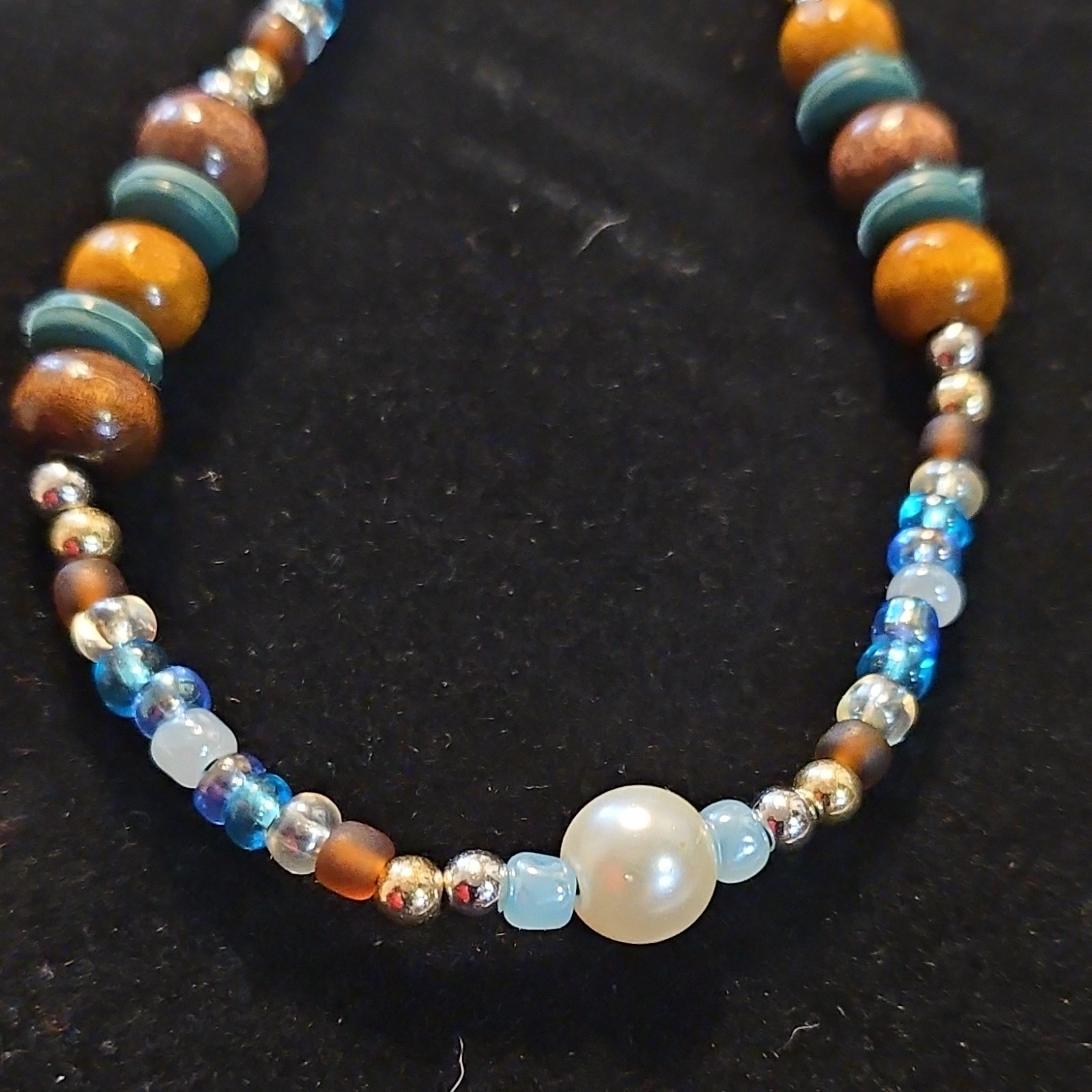 Beaded Necklace Pearl Glass Wood Blue Brown Yellow White Silver Lobster Clasp