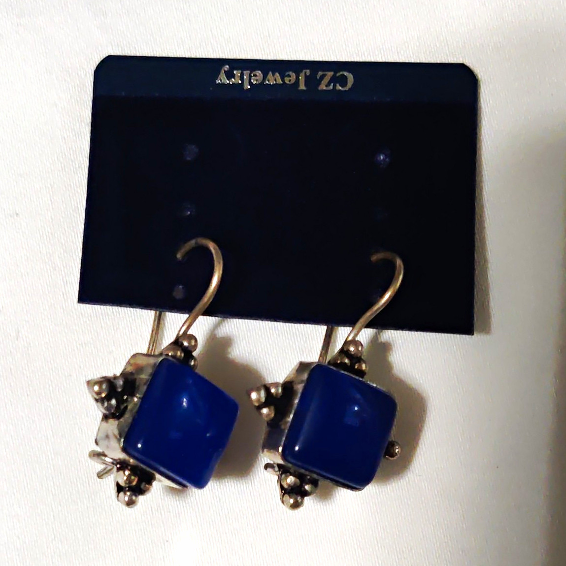 Silver Tone Blue Square Dangle Drop Hook Earrings, No Stone Metal Plastic