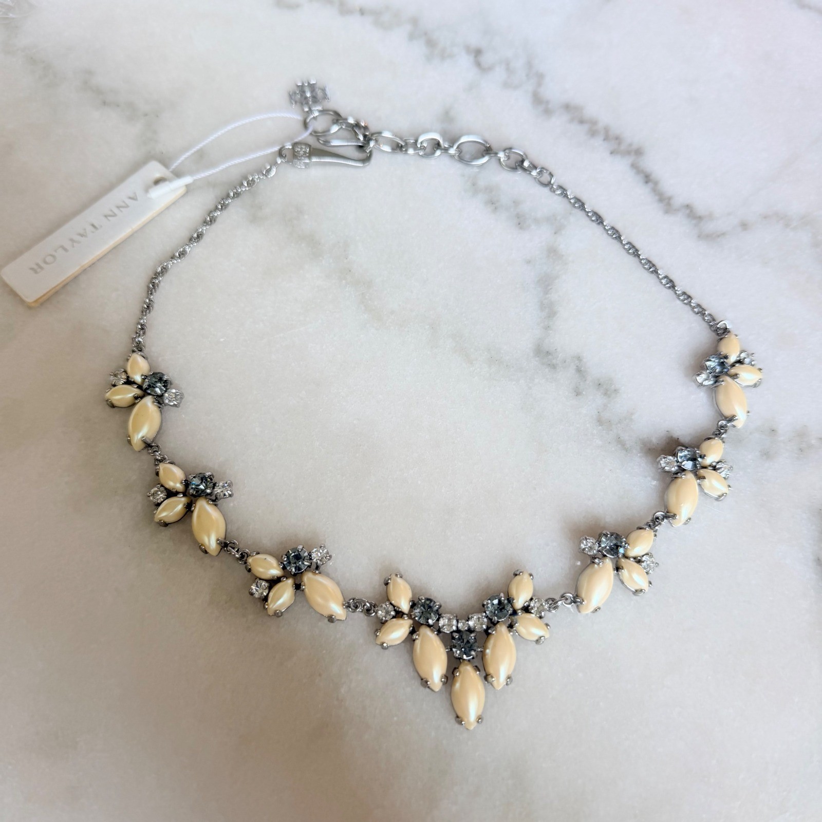 Ann Taylor Silver Tone Faux Pearl Crystal Statement Necklace Grey Cream Floral