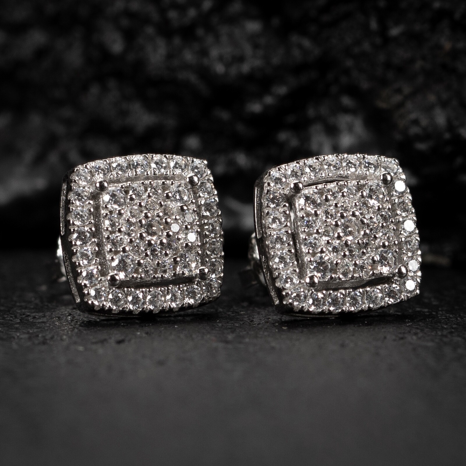White Gold 925 Sterling Silver Square Hip Hop 3D Cube Cluster Stud Earrings