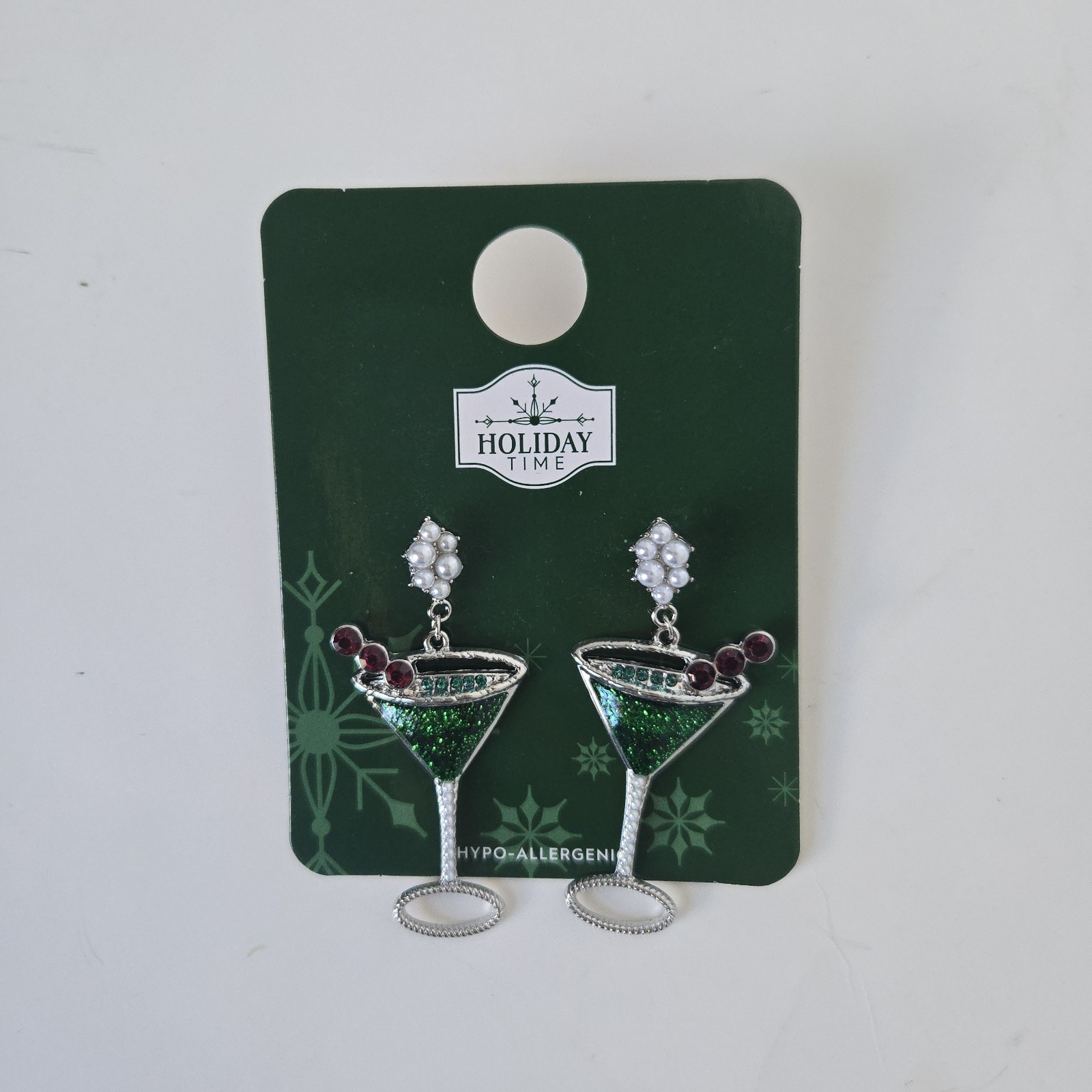 Holiday Time Christmas Martini Glass Dangle Earrings Glitter Cocktail Bar