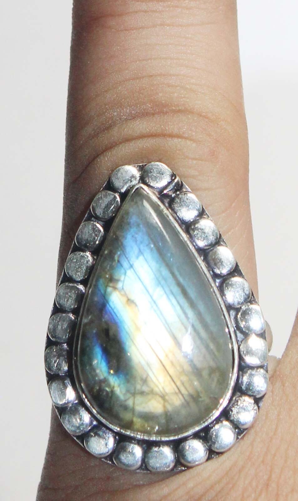 Top Labradorite Pear Shape Gemstone Handmade Ring Jewelry Free Size