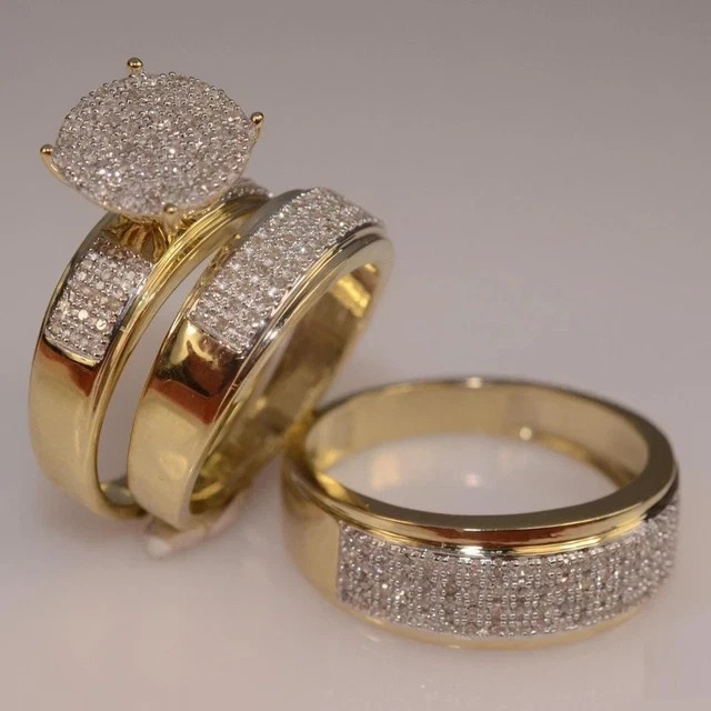 2Ctw Round Cut Moissanite His & Her Trio Wedding Ring Set 14K Yellow Gold Plated