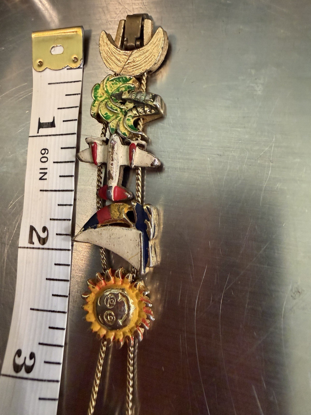 Gold-Toned Quartz Watch Slide Bracelet w/Travel Themed Painted Charms
