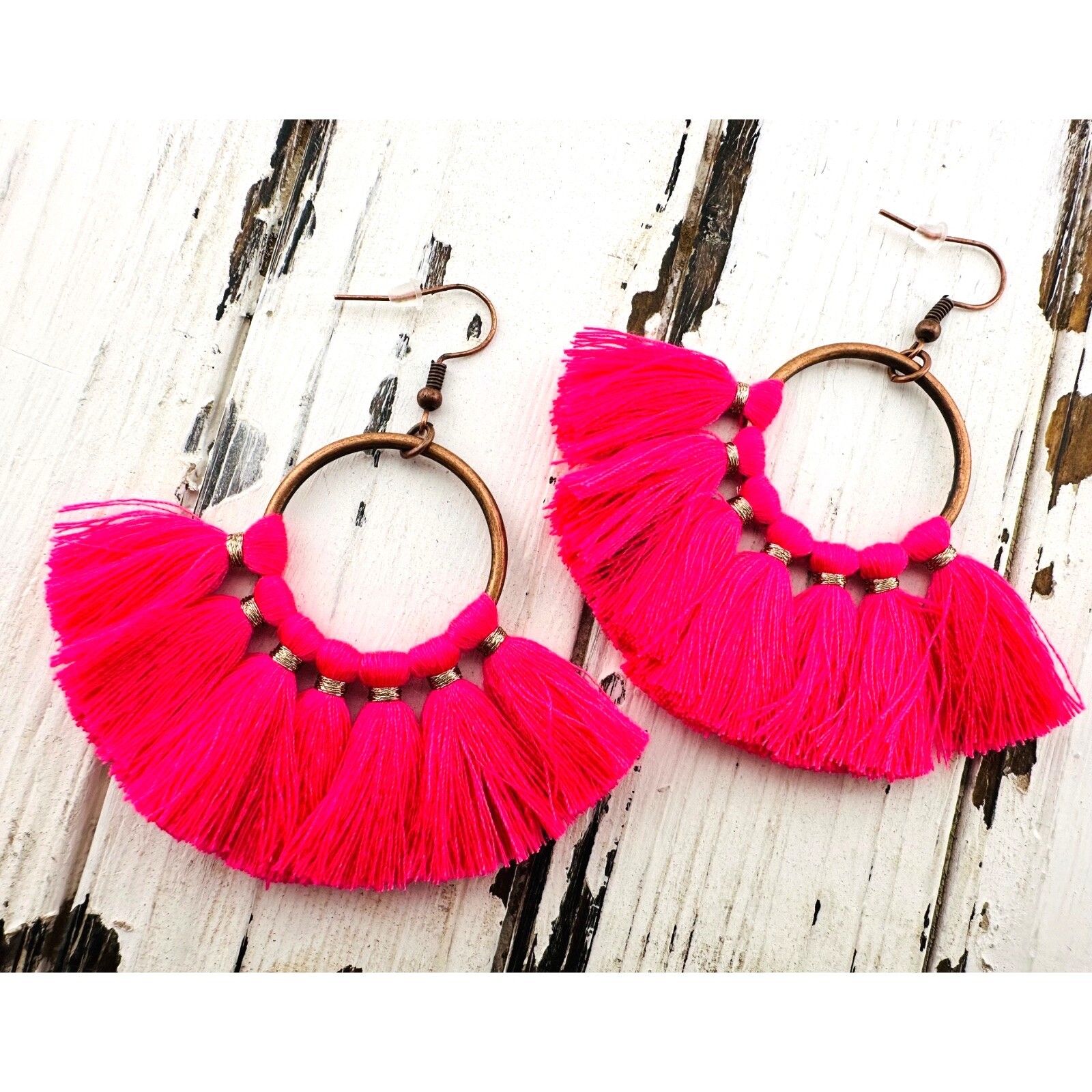 Hot Pink Tassel Fan Earrings Copper Alloy EarWires NEW