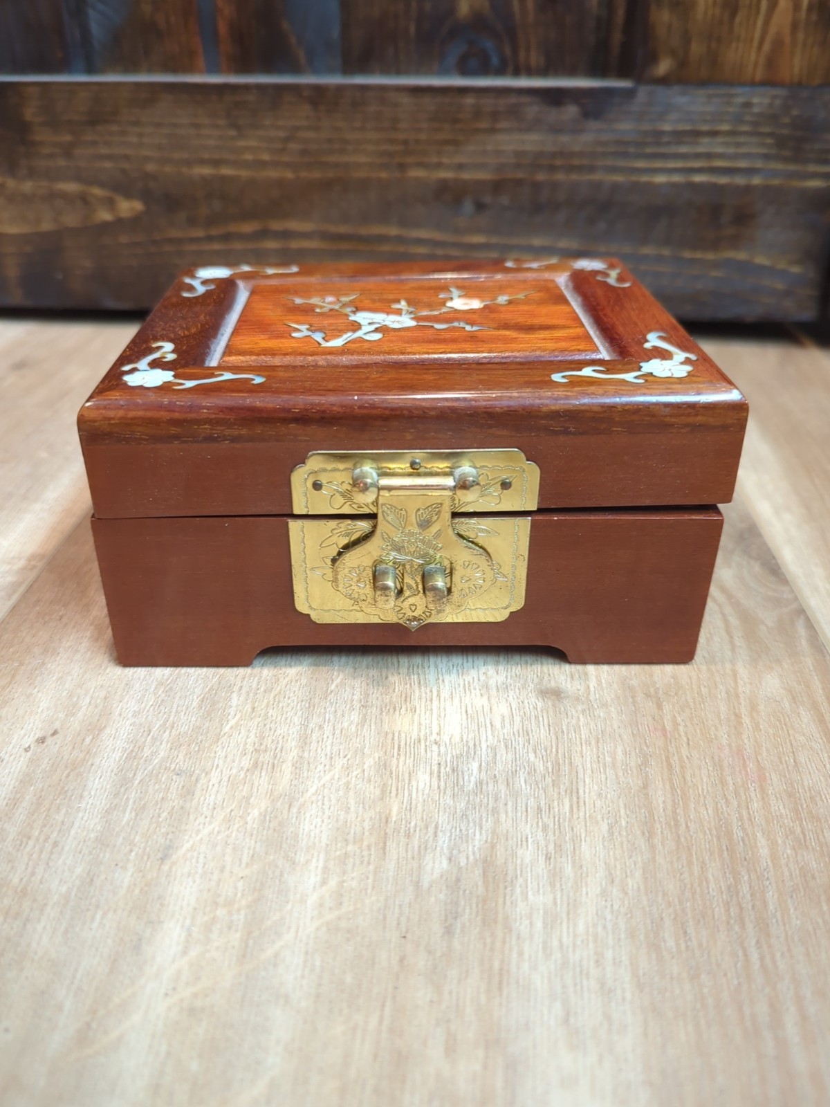 Vintage Lacquered Asian Wood Jewelry Box Mother Of Pearl Inlay