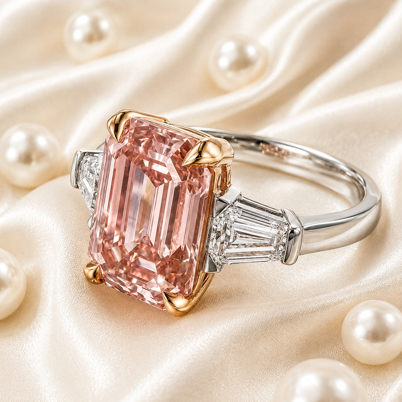 Fancy Intense Pink Diamond Ring 18k Multi Gold IGI Lab Grown 4.70 Ct Emerald Cut