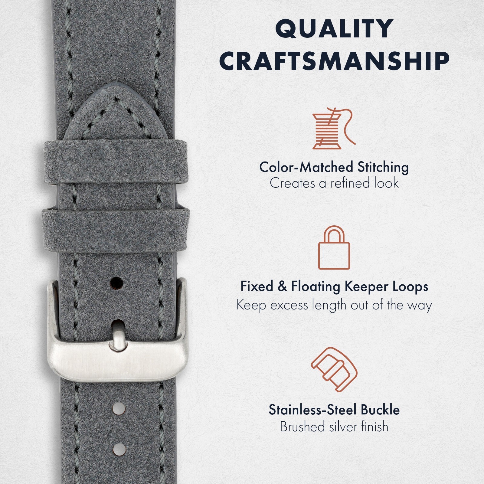 Suede Quick Release Watch Band – Grey – 18, 20 or 22mm