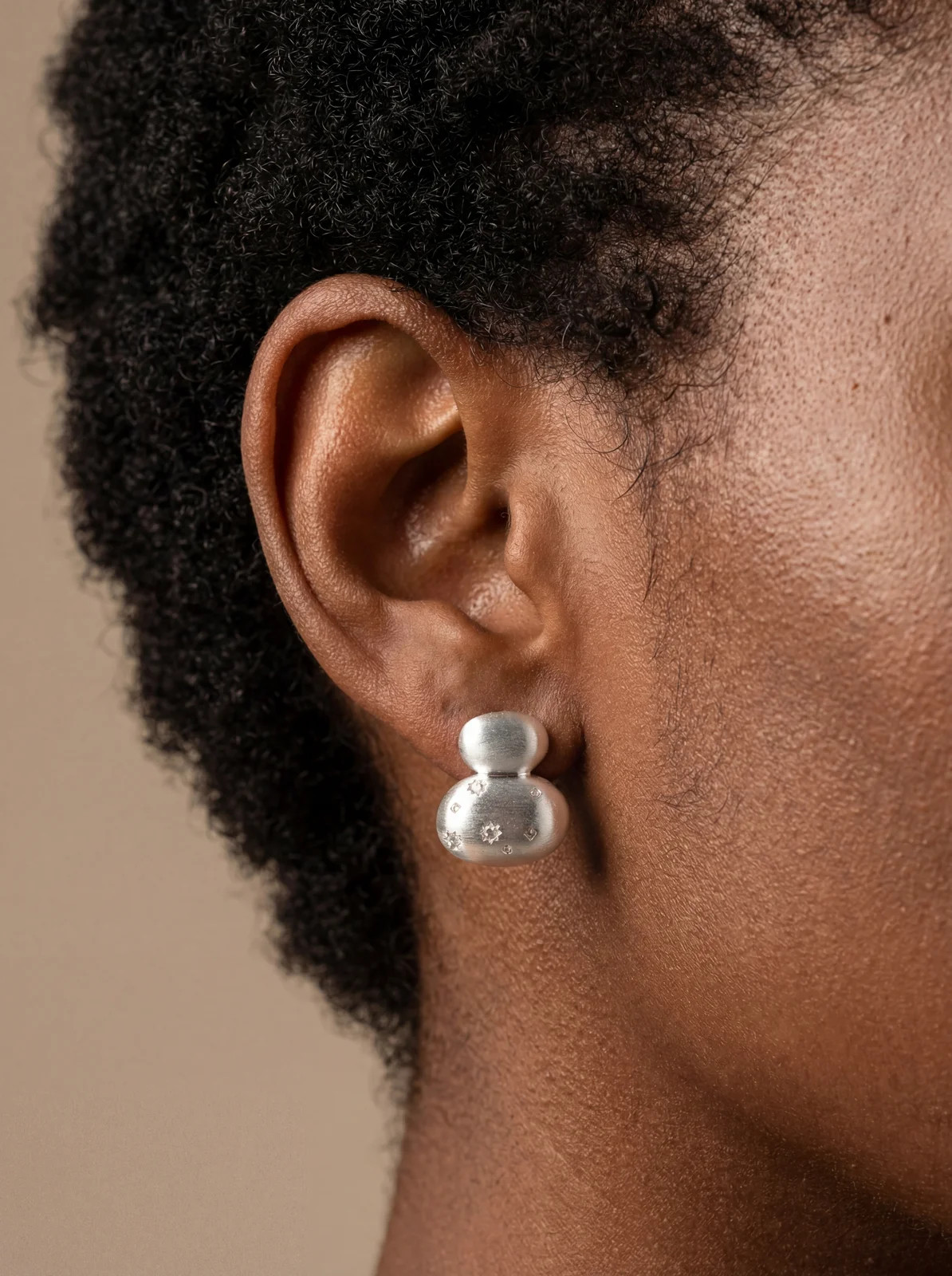 Silver Tone Celestial Gourd Stud Earrings Matte Finish Starburst Crystals