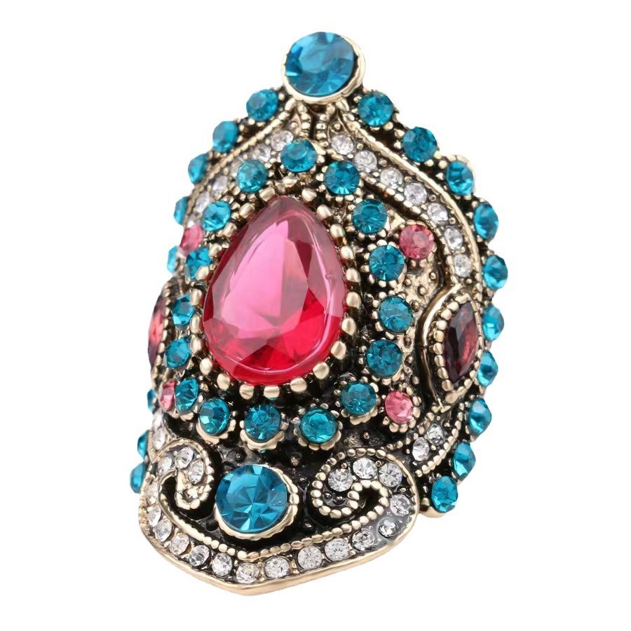 Gold Plated Pink Crystal and Blue Diamond Ring Vintage Women’s Ring Jewelry