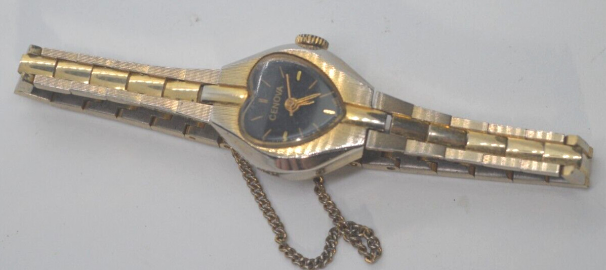 Genova Windup Heart watch, runs good with safety chain 6.75” Wrist ”GUARANTEED