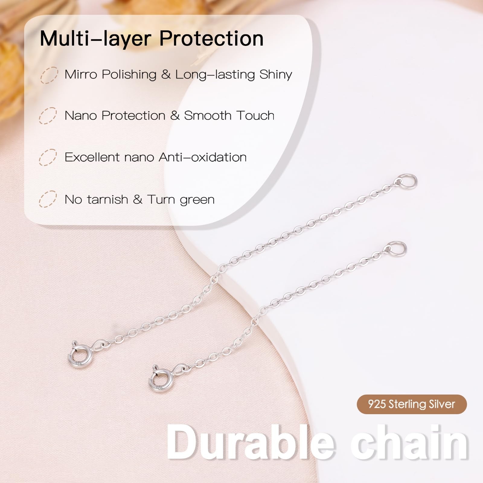 VANBARIS 925 Sterling Silver Necklace Extenders for Women, 3 4 inch, silver