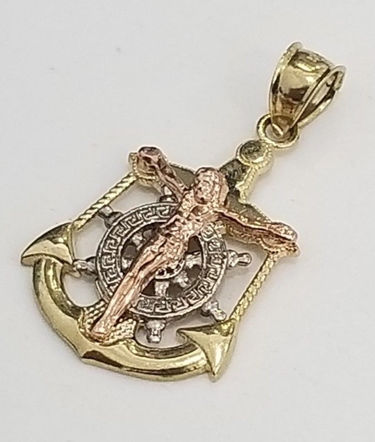 Real 10k Tri Tone Gold Anchor Jesus Cross Wheel Pendant Charm 20″ Rope Chain Set