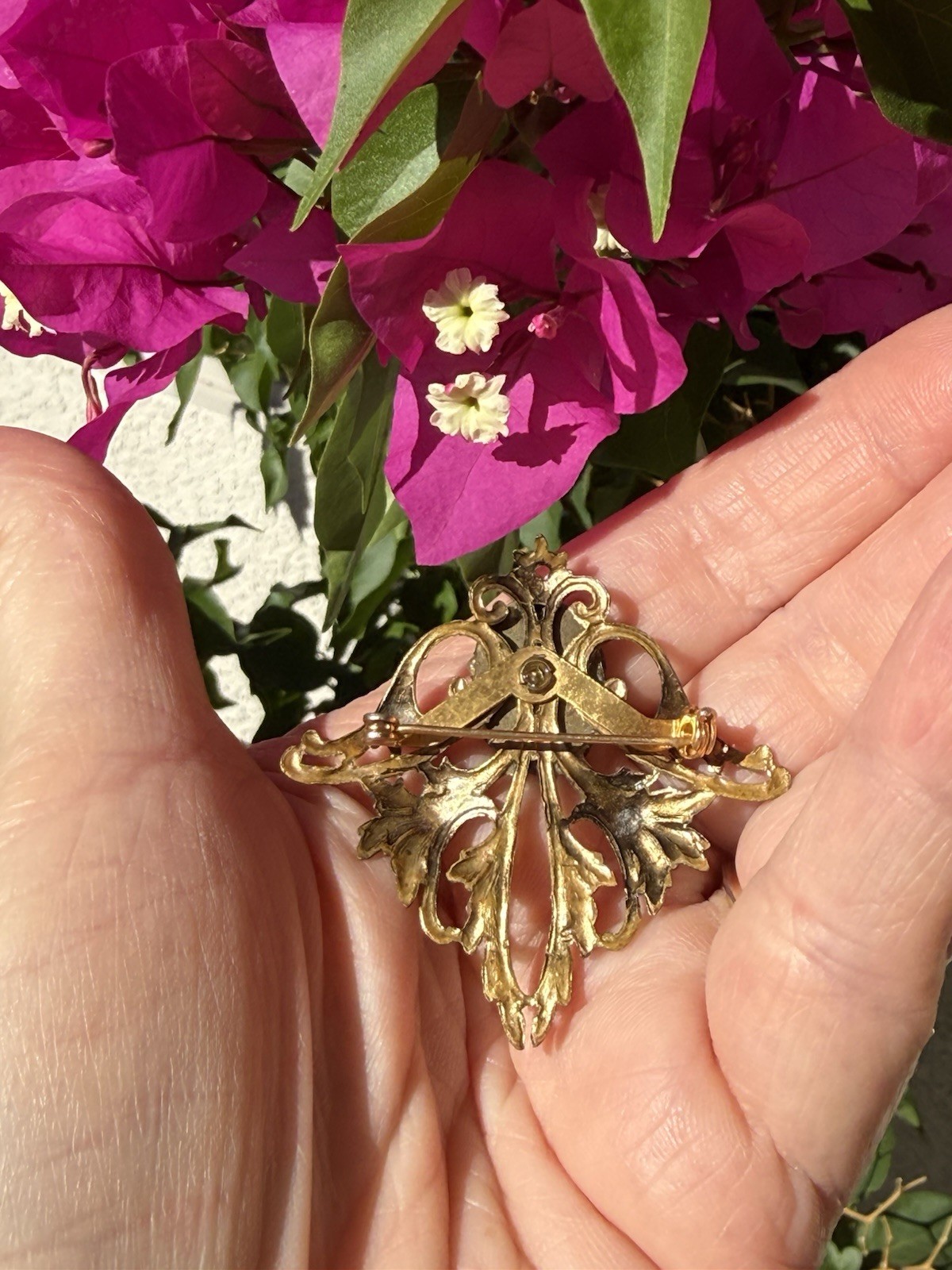 Vintage Ornate Brass Victorian Revival Brooch Pin With Ceramic Porcelain Flowers
