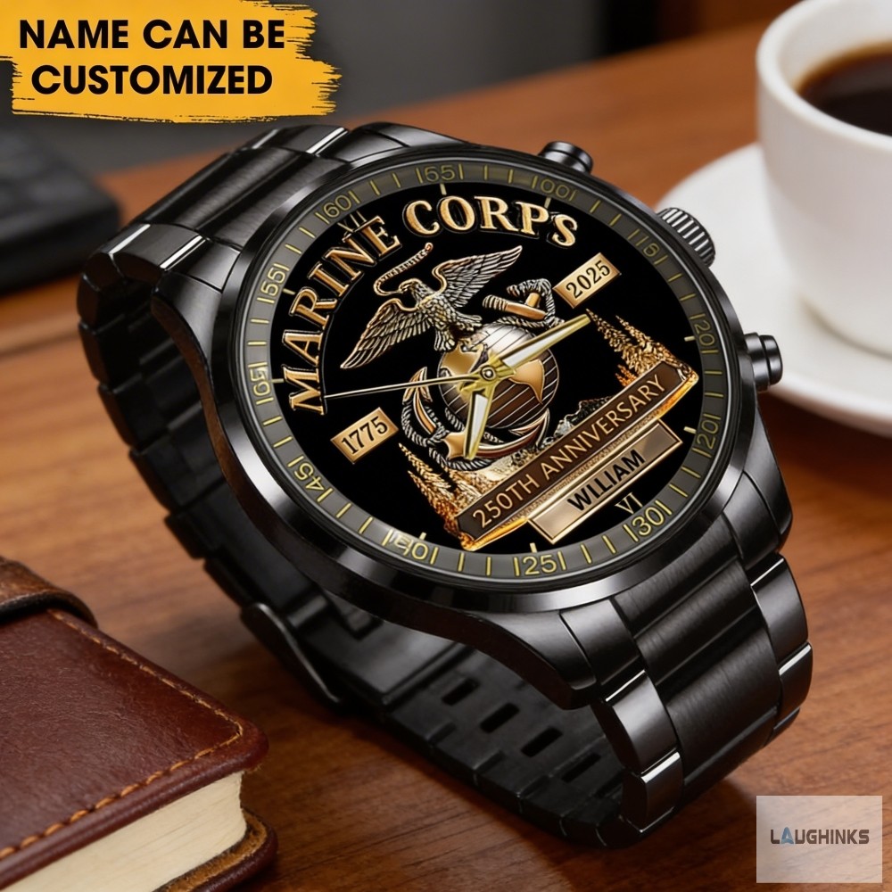 Personalized US Marine Corps 250th Veteran Black Stainless Steel Watch