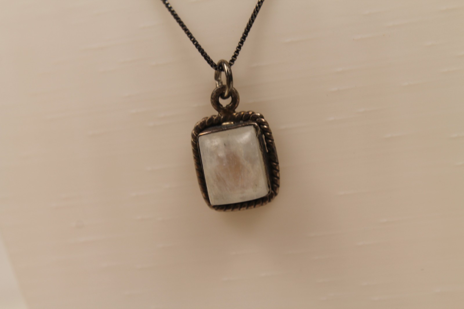 Vintage Rectangular Moonstone Cabochon Sterling Silver Pendant & Chain