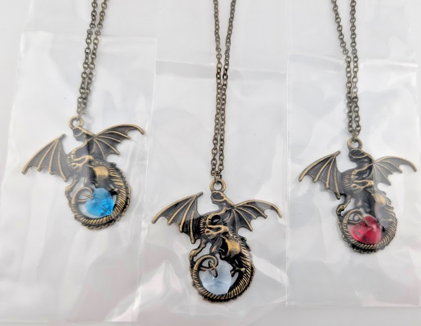 DRAGON & GLASS HEART BRONZE PENDANT NECKLACE gothic fantasy wyvern love charm E2
