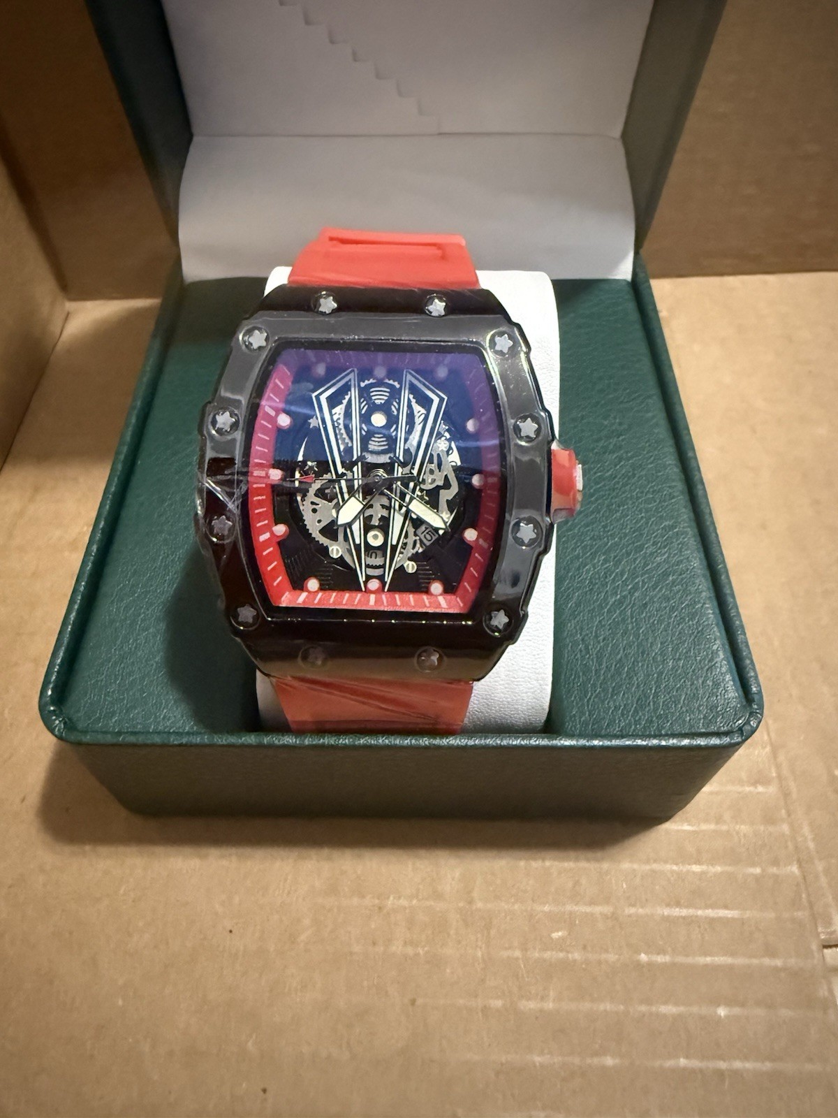 Men’s Tonneau Skeleton Analog Watch Black Case Red Rubber Strap w/ Box