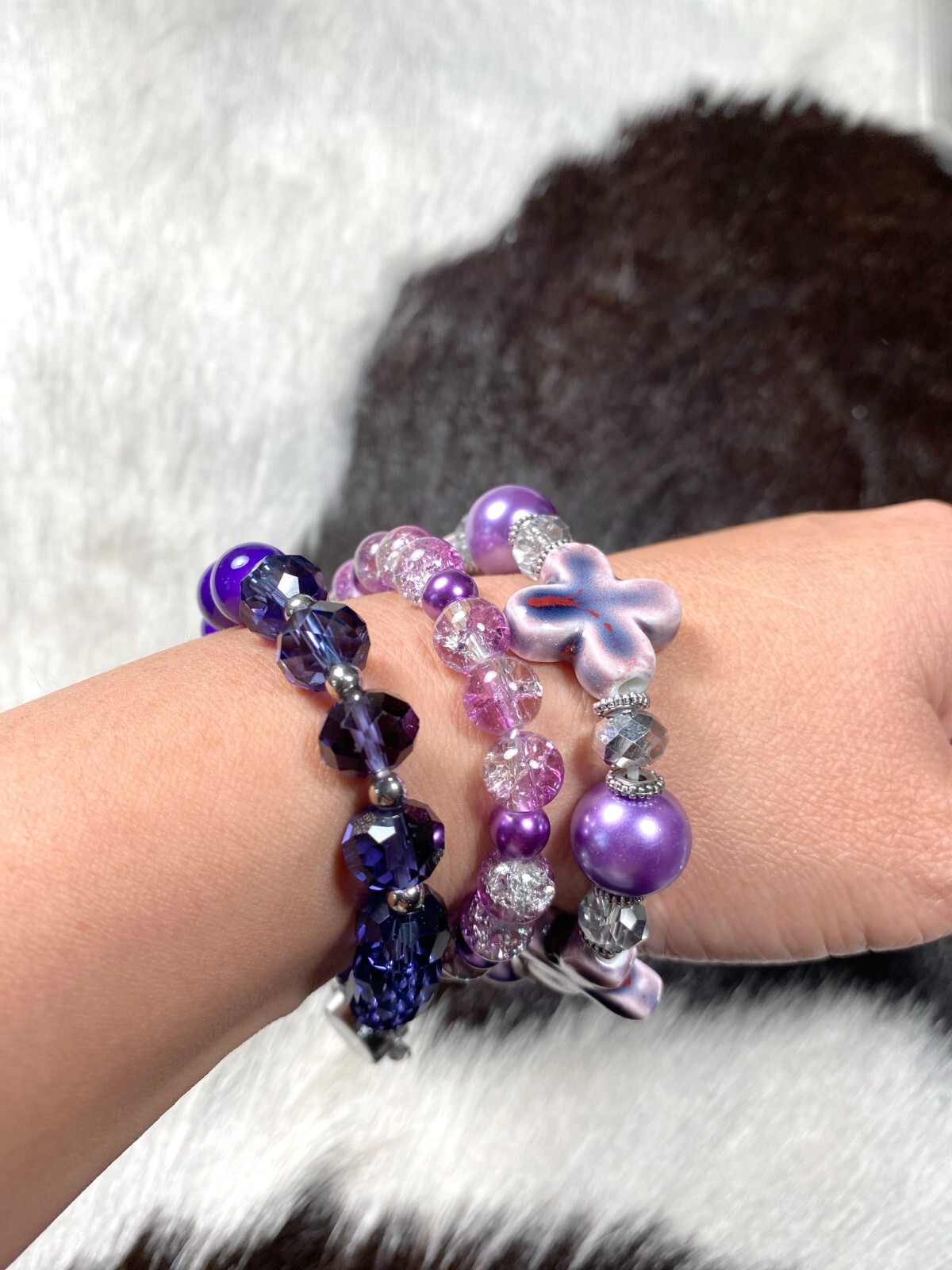 Stackable Beaded Bracelets PURPLE crystal charms Beaded Stretch Bracelet 3 pcs