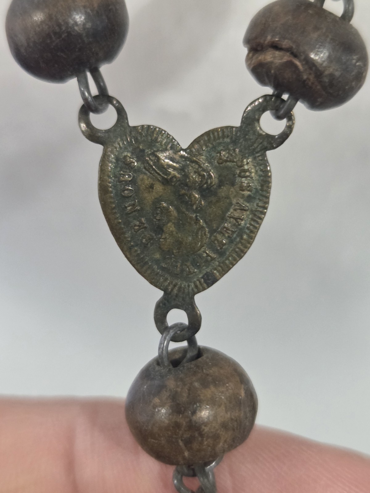 Antique French Wood Brass Rosary Beads & Cross 72cm Necklace 13cm To Cross