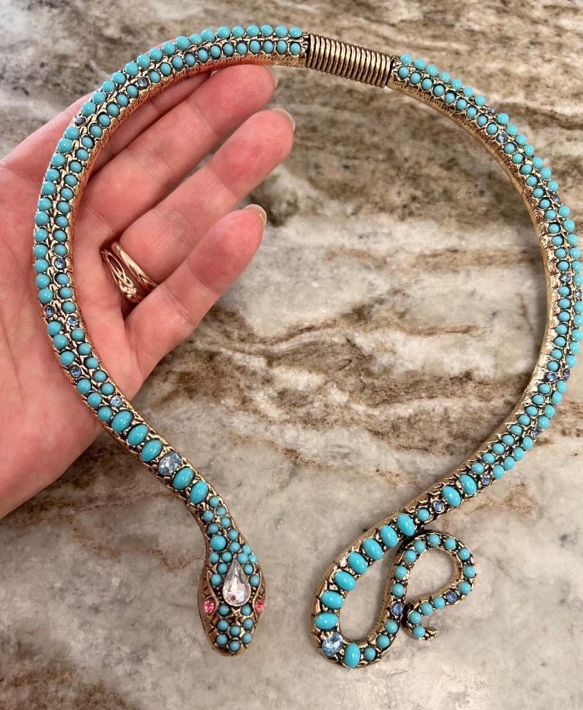Blue Topaz Turquoise Rhinestone Snake Necklace Wrap Victorian Egyptian Rev. Faux