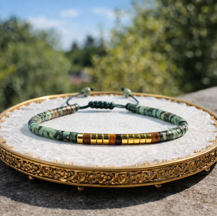 LET THEM Tiger Eye Turquoise Tube Stone Bracelet Morse Code Dainty Healing Gift