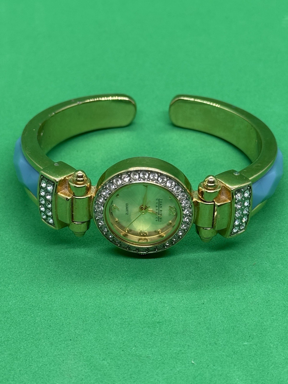 JOAN RIVERS V377 RHINESTONE CLAMPER Blue BANGLE WRIST WATCH Hinged
