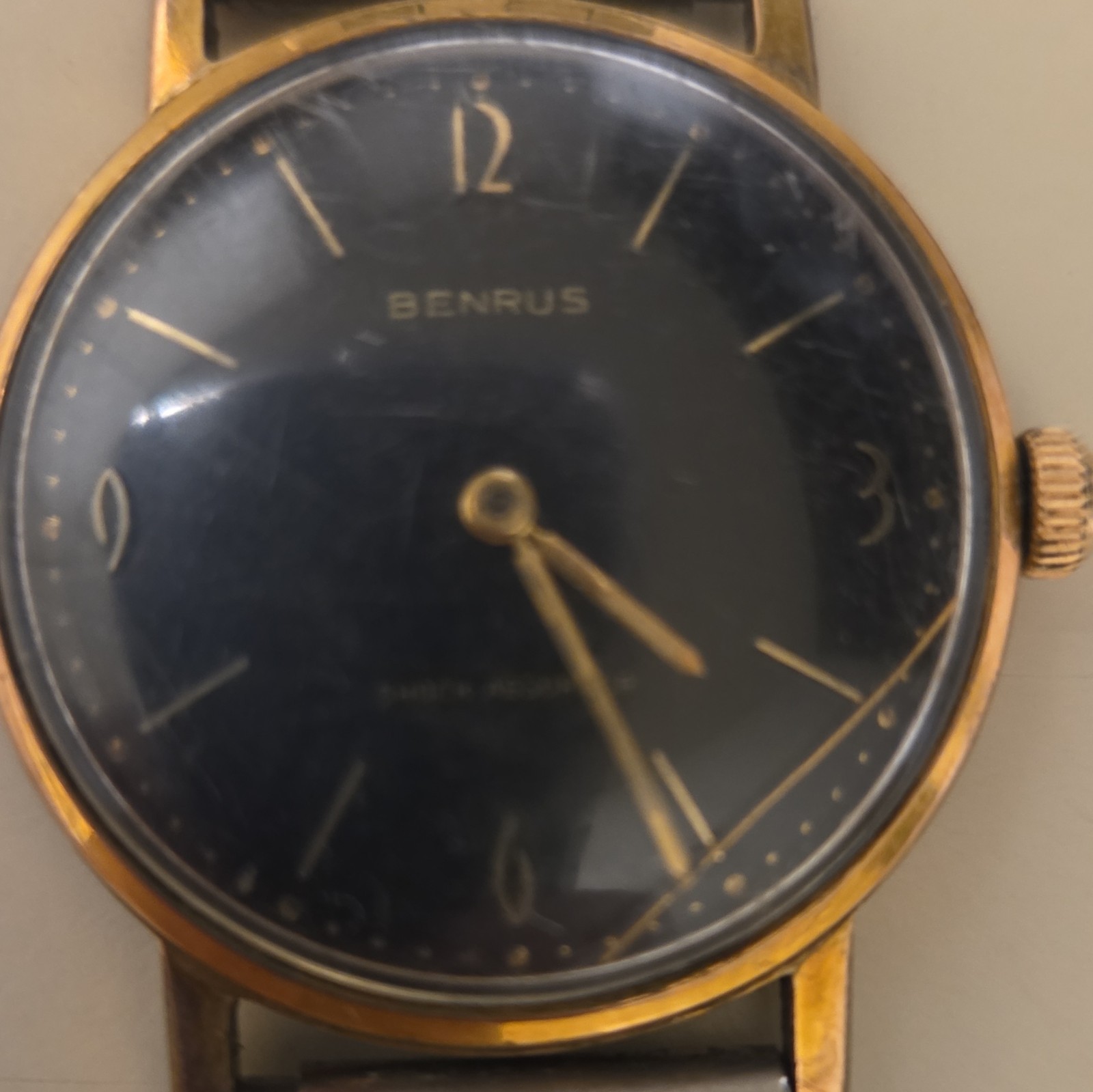 Benrus Shock Absorbing Men’s Manual Mechanical Black Dial Gold Case Bracelet
