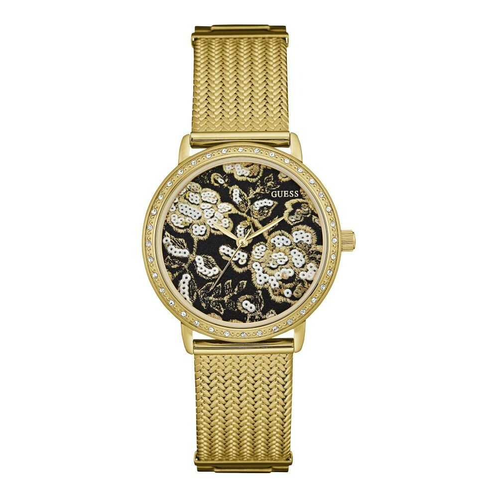 GUESS WILLOW BLACK DIAL yellow GOLD tone stainless STEEL WOMEN’S WATCH W0822L2