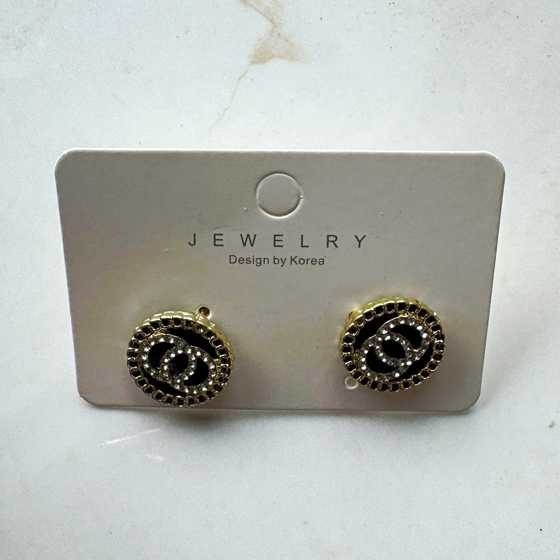 Gold Tone Black Clear Crystal Round Stud Earrings Butterfly Back Nickel-Free