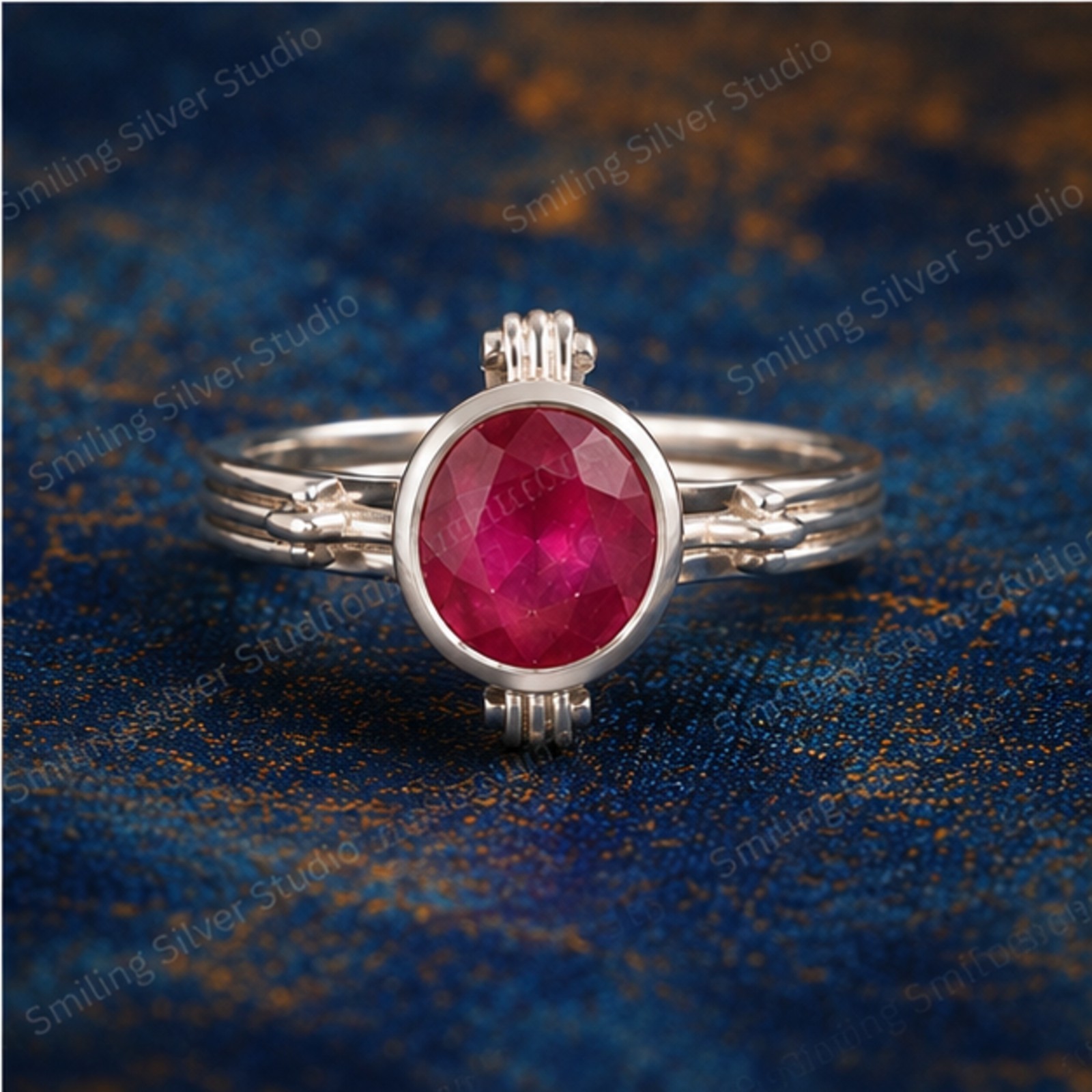 Silver Tone Oval Red Ruby Bezel Set Ring Minimalist Promise Engagement Ring