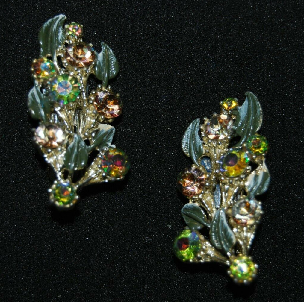 Elegant Vtg MCM Couture Enamel & Crystals Rhinestones Ear Climbers Clip Earrings