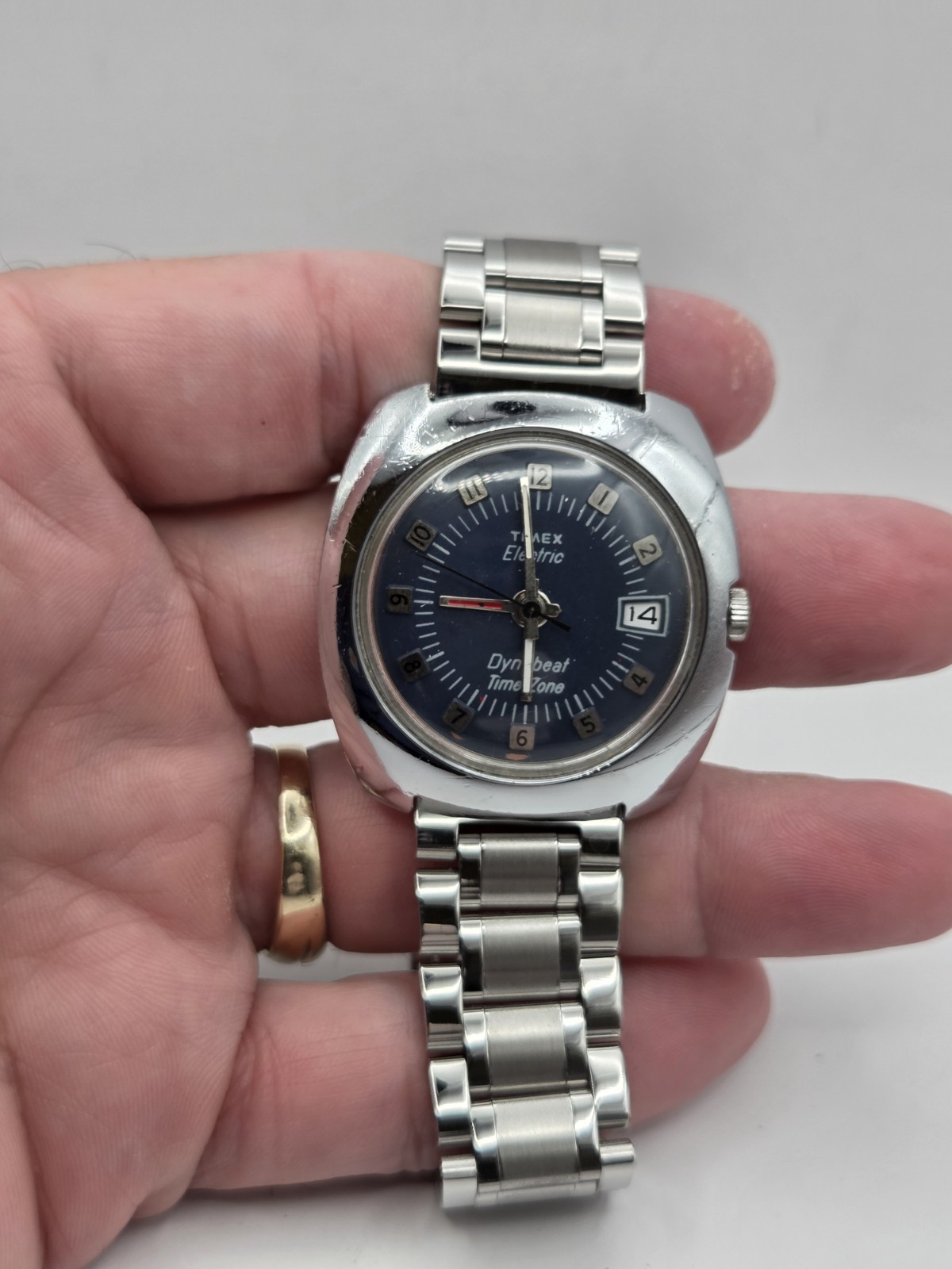 Vintage Timex Dynabeat Time Zone Blue Dial 37mm Running New Battery