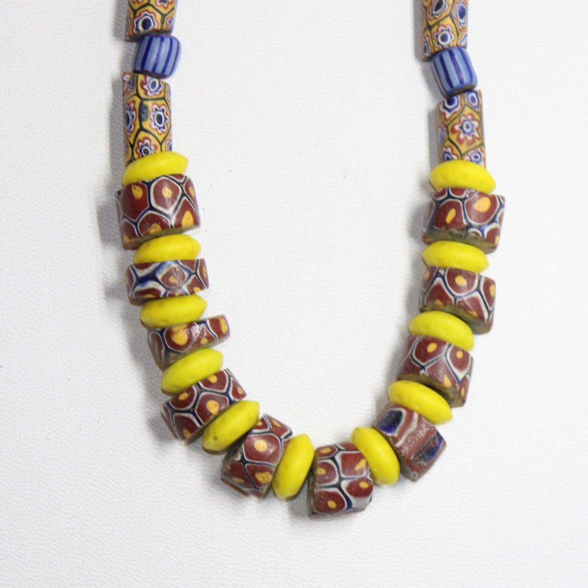 handcrafted Nigerian Trade Bead Necklace 26″ blue yellow brown glass copper