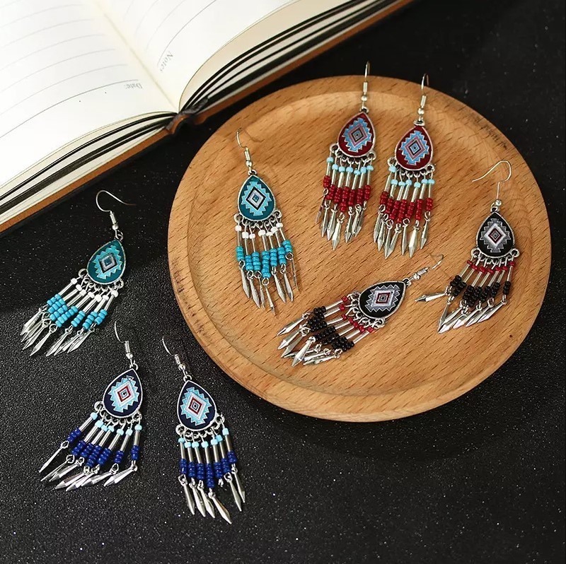 Boho Tribal Beaded Dangle Earrings Gypsy Ethnic Festival Jewelry Gift