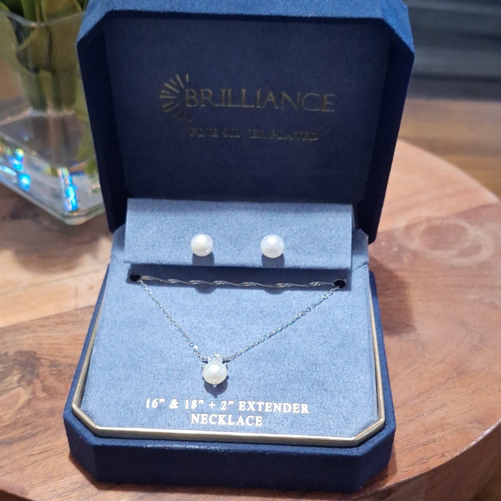 Brilliance Silver Plated White Pearl & Crystal Necklace Pendant + Earrings Set