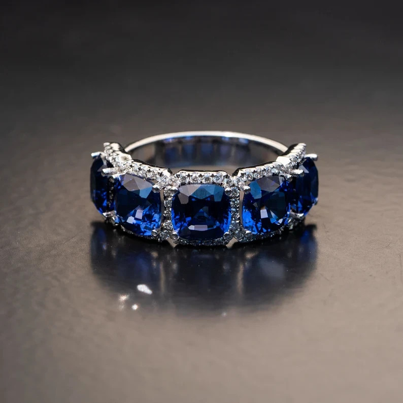 5.50 Ct Cushion Cut Sapphire & Diamond Engagement Ring 14K White Gold Size 8
