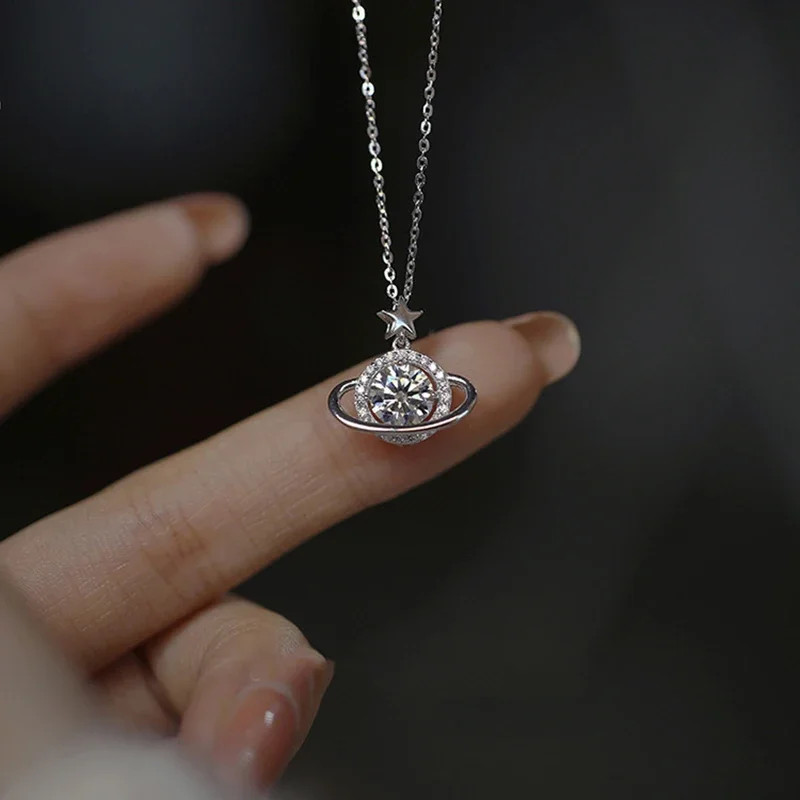 Fashion Silver Color Planet Shape Necklace Simple Charm Geometric Pendant Birthd