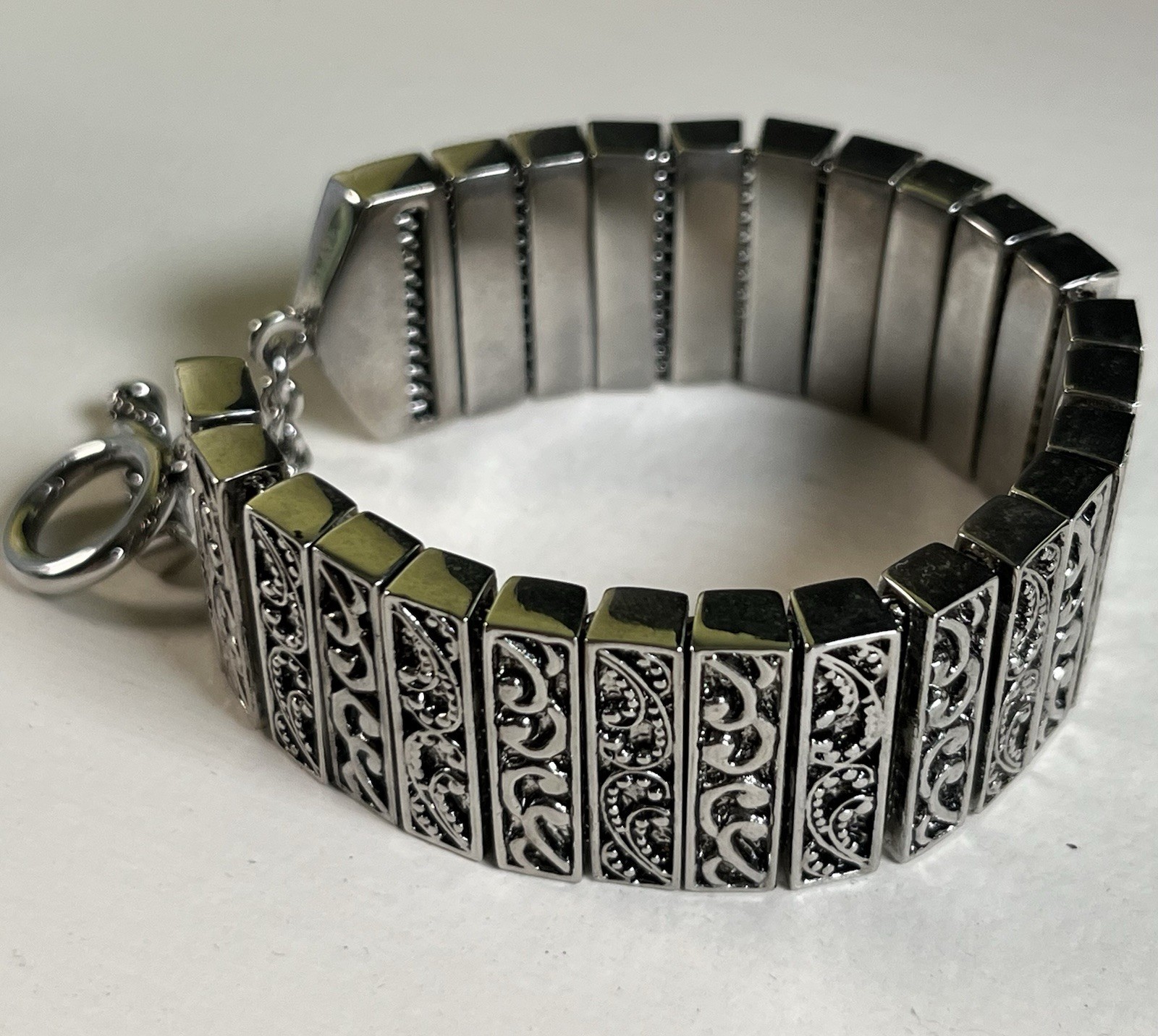 Silver Tone Rectangular Bar Link Chain Bracelet Toggle Clasp Adjustable 6.5-7.5″