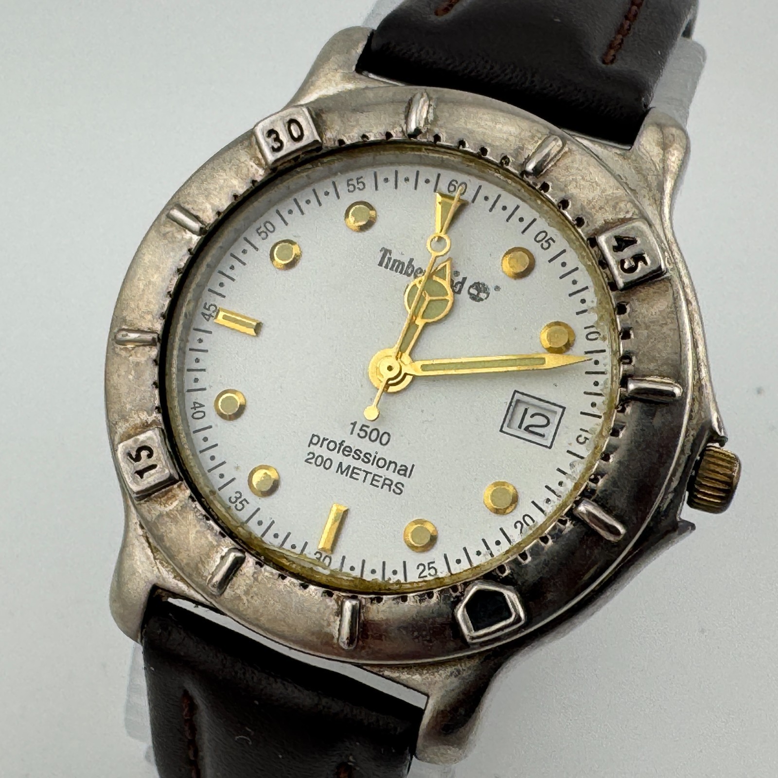 Timberland USA Quartz Watch Men 200m Silver Rotating Bezel Leather New Battery