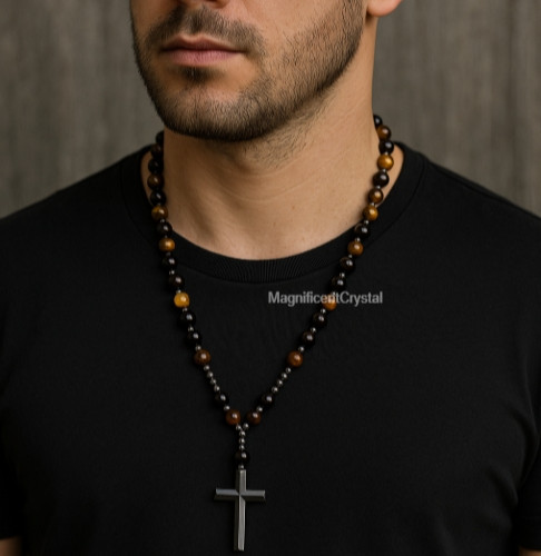 Black Tiger Eye Hematite Cross Necklace Hand Knotted Beads Lucky Pendant