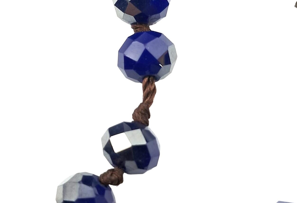Vintage Glass Beaded Necklace Cobalt Royal Blue Silver Aurora Borealis Hand Knot