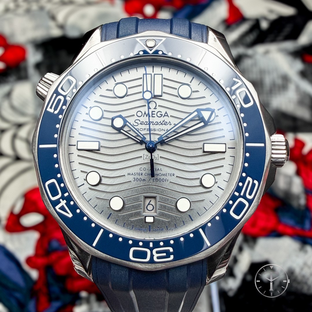 Omega Seamaster Diver 300M 42mm Gray Wave Dial Blue Ceramic Bezel w/ Box & Cards