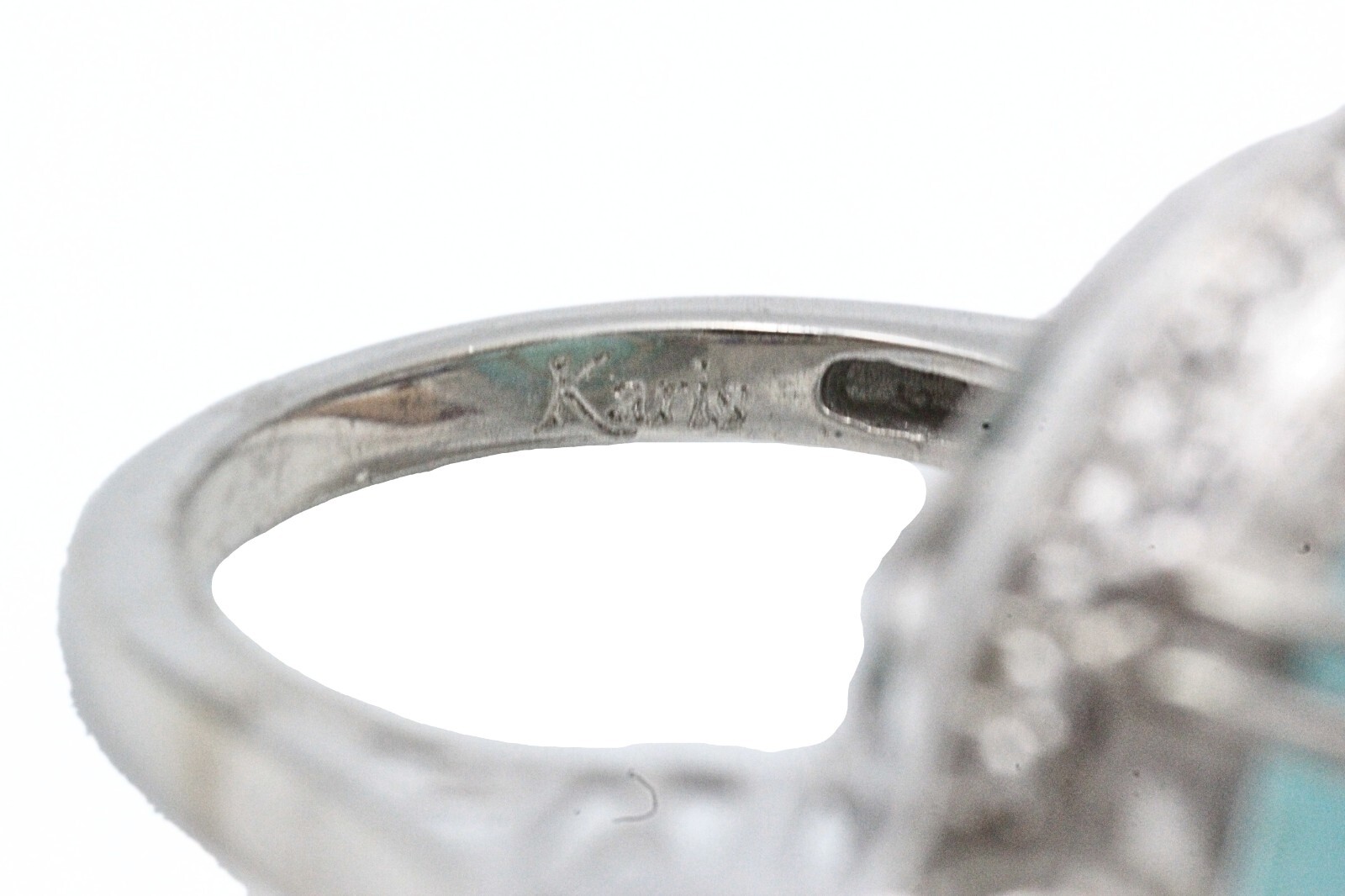 Karis STS Signed Rhodium Plate Light Blue Glass Cab Purple CZ Cocktail Ring Sz 9