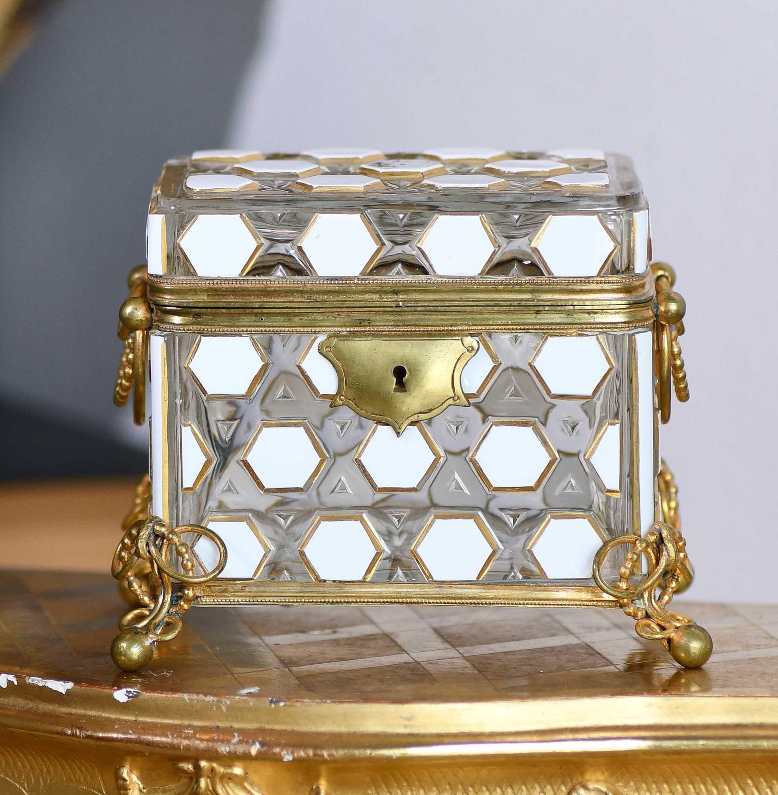 European Glass Box with White Hexagon Design and Bronze Hardware