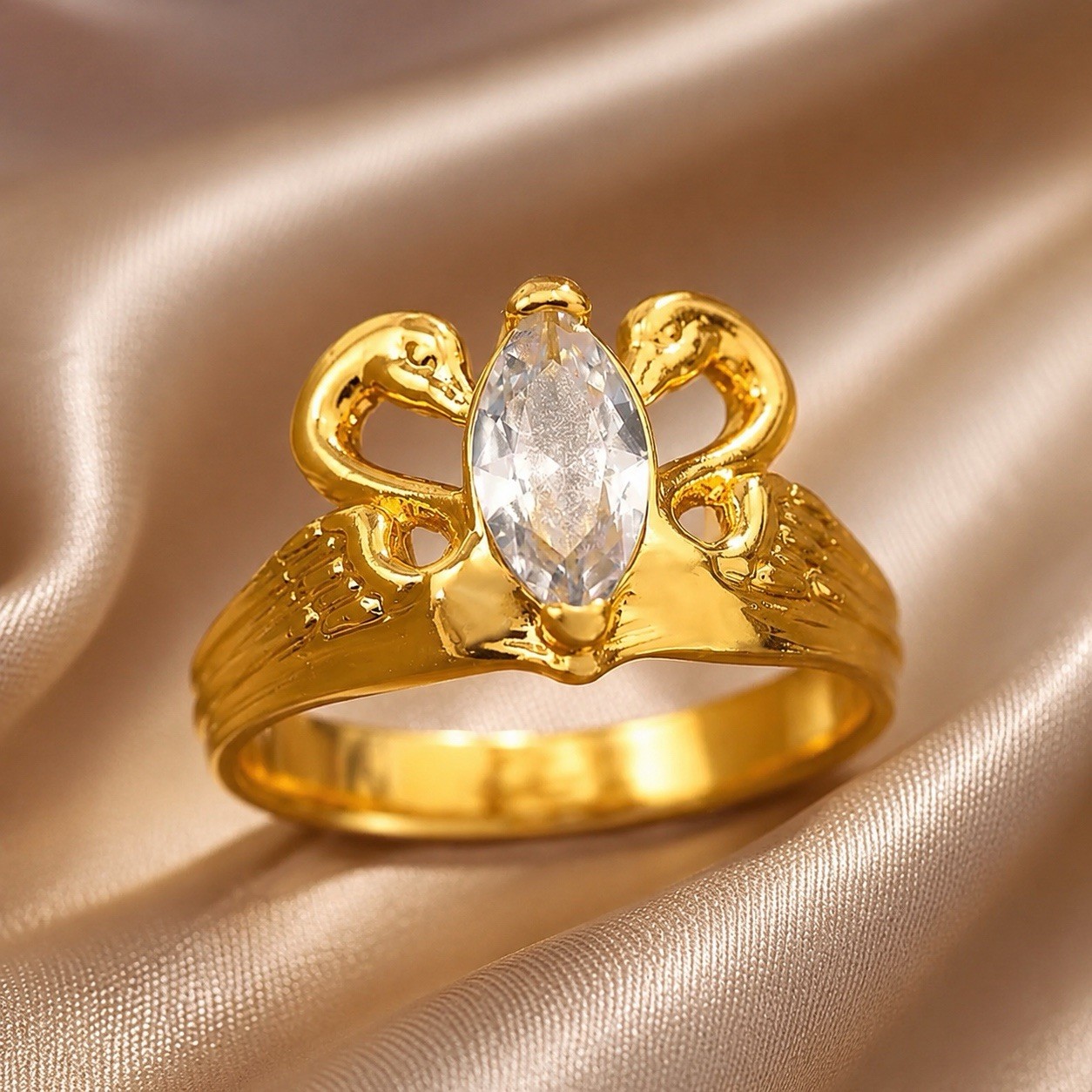 Avon Bird Ring Swan Gold Crystal Sz 7 Love VTG Lovebirds Marquise CZ Boho Retro
