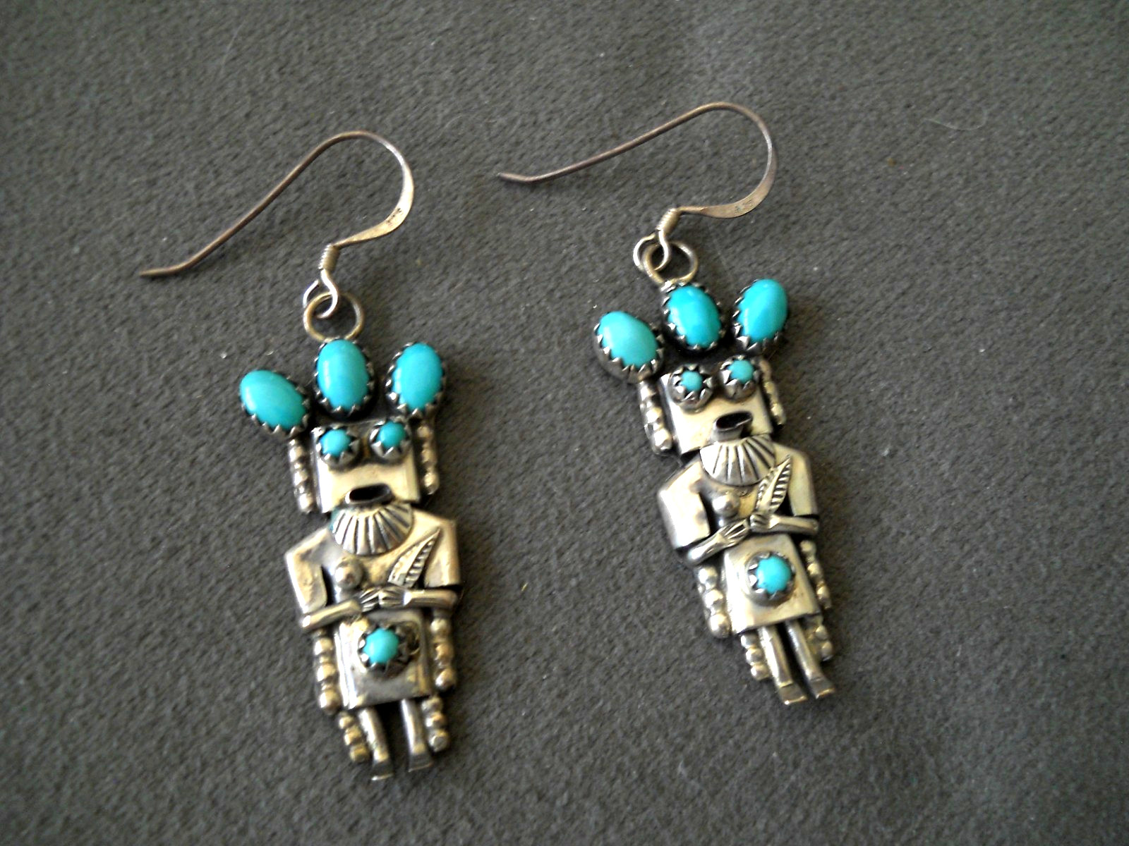 Native American Navajo Turquoise Sterling Silver Maiden Kachina Hook Earrings