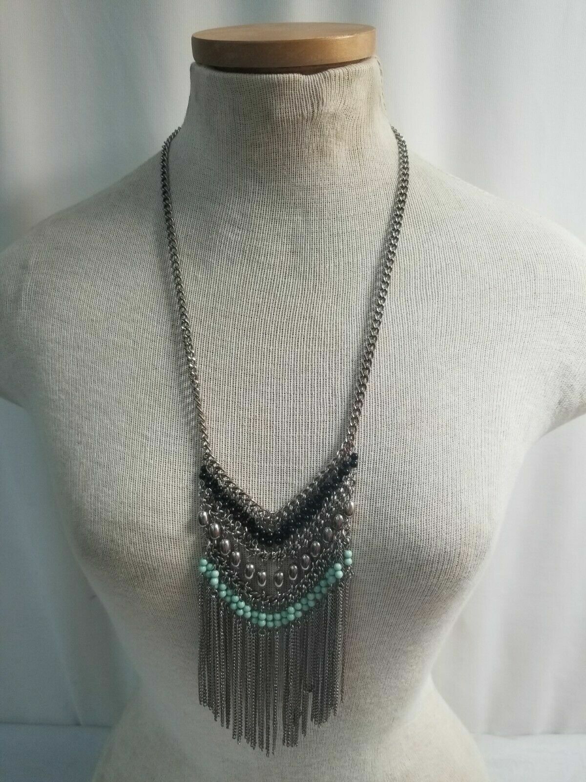 Vintage Costume STATEMENT Necklace Metal Tassel w Black and Lime Green Accents!